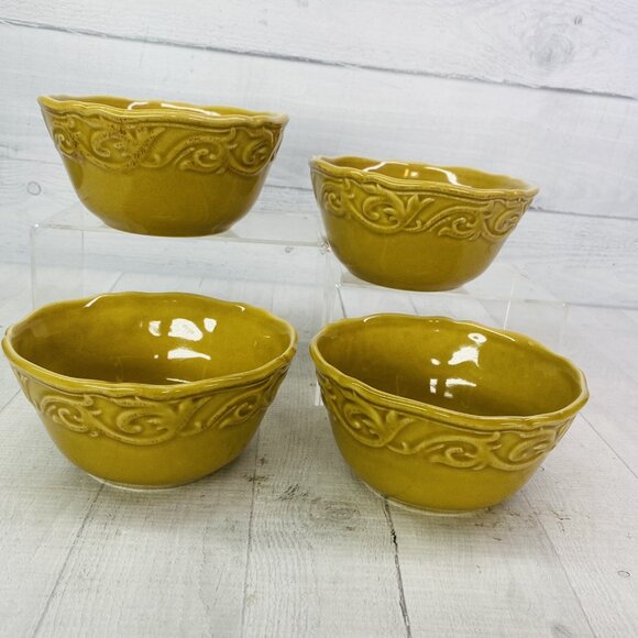 Chris Madden JC Penny CORVELLA GOLD  Embossed Scrolls Stoneware Bowls Set of 4 - Picture 6 of 16